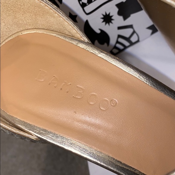 BAMBOO Gold Strappy Rhinestone Chunky Heels - Picture 2 of 9